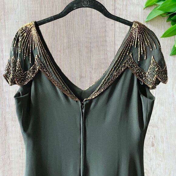 Vintage 60s Black Dress Elegant Beaded Collar Shoulder Drop Waist - Picture 4 of 11